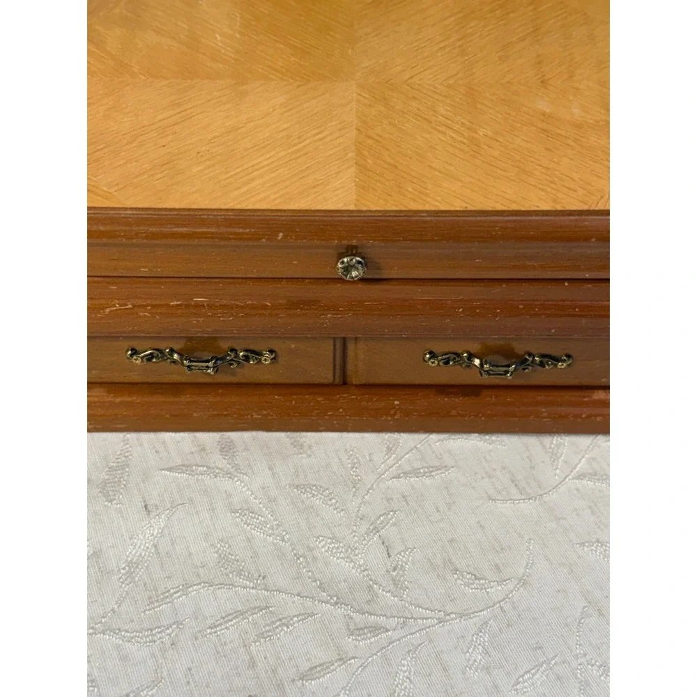 Vintage Wooden Jewelry Box Mirror Drawer Brass Hardware Brown Estate Organzier